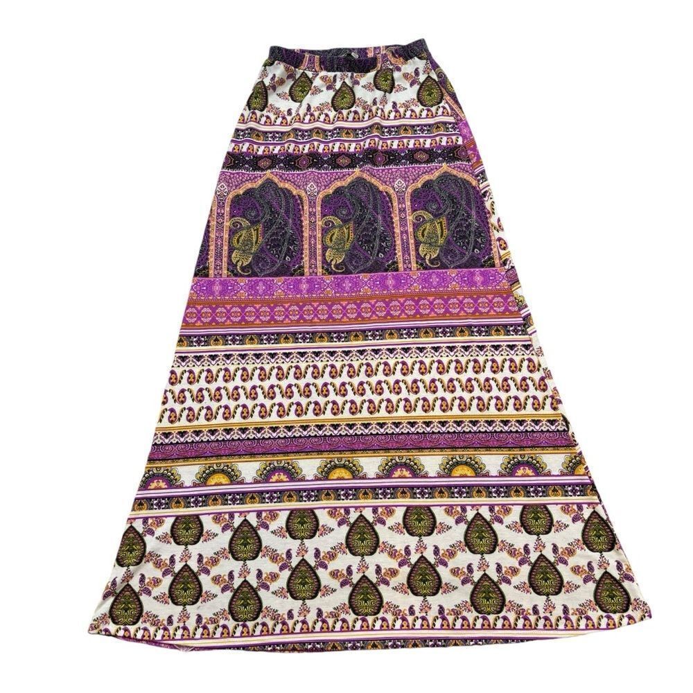 Ladies Lily Star brand Purple and White Print Pull On Maxi Skirt Size Small